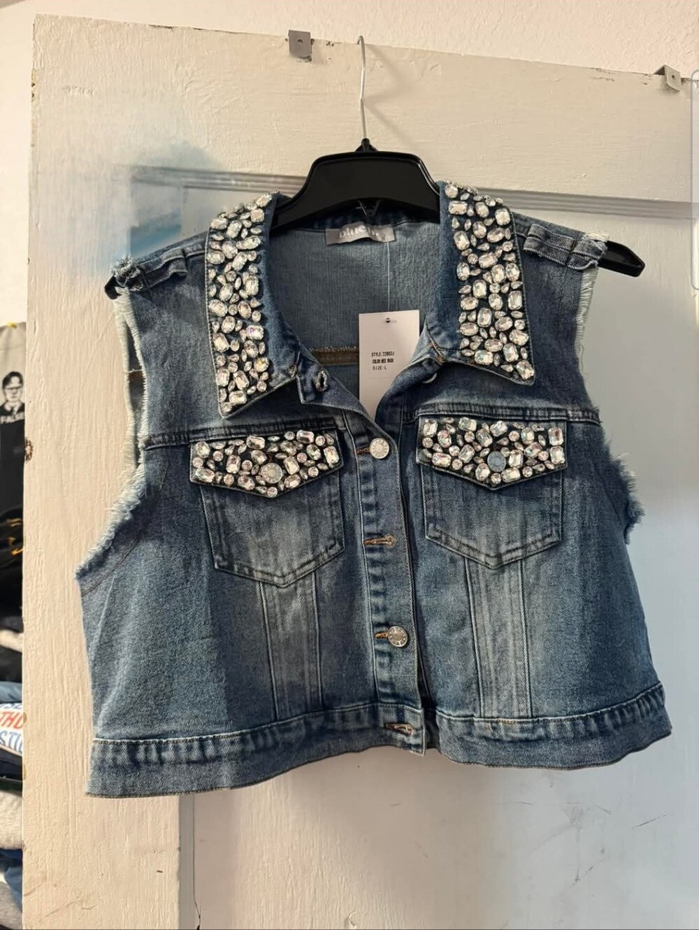 Embellished Denim Crop Vest - Blue